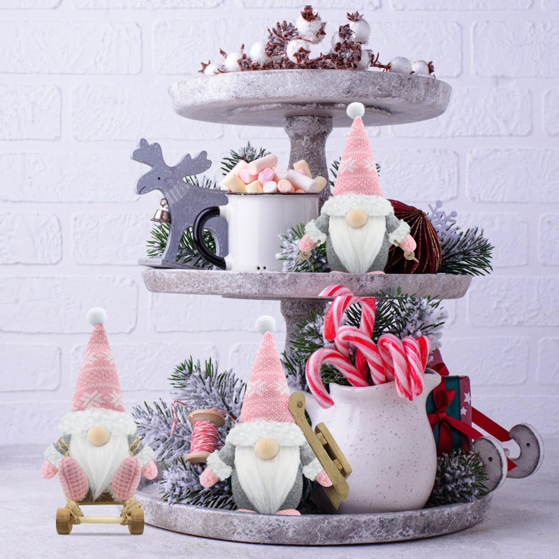 Gehydy Set of 3 Christmas Gnomes Decorations Gift Handmade Sled Gnome Plush Stuffed Xmas Decor for Home Kitchen Farmhouse Tiered Tray - Pink - Image 4